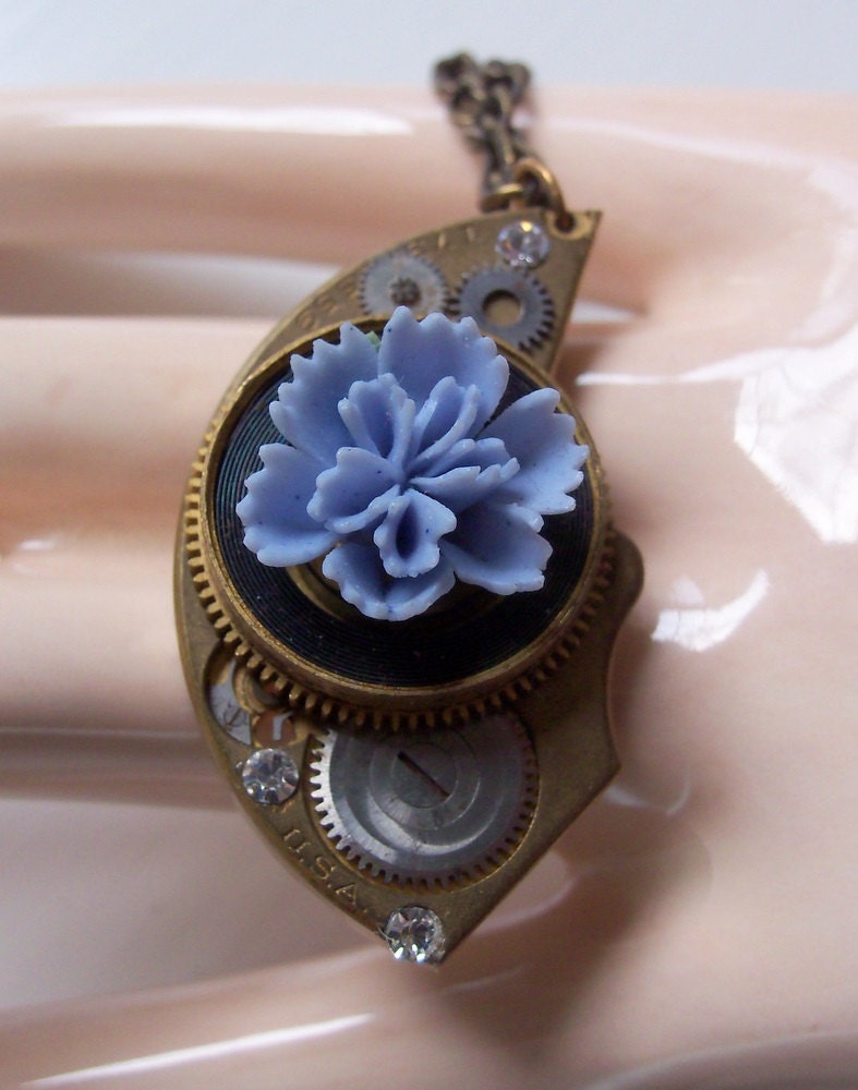 Victorian Steampunk Collage Necklace - Vintage Watch Parts Flowers And Swarovski Crystals