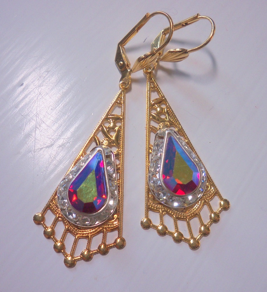 Red Crystal Filigree Valentine Earrings Sweetheart Collection Gold Filigree Dangle Red AB Crystals