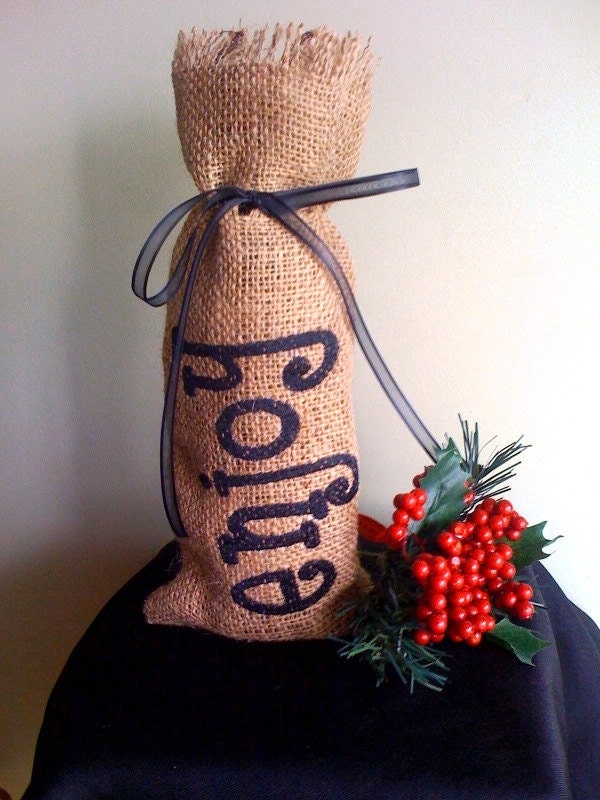 Embroidered  Burlap Wine Bag,  perfect for Holiday Gift giving
