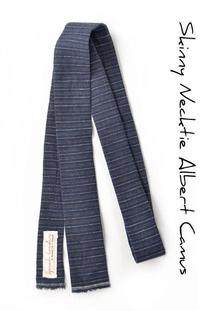 Mens Tie Skinny Necktie Albert Camus- Square-End Tie-Laid-Back necktie- blue striped linen