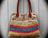 Striped Hangbag: Natural Fique with Leather Handles from Colombia