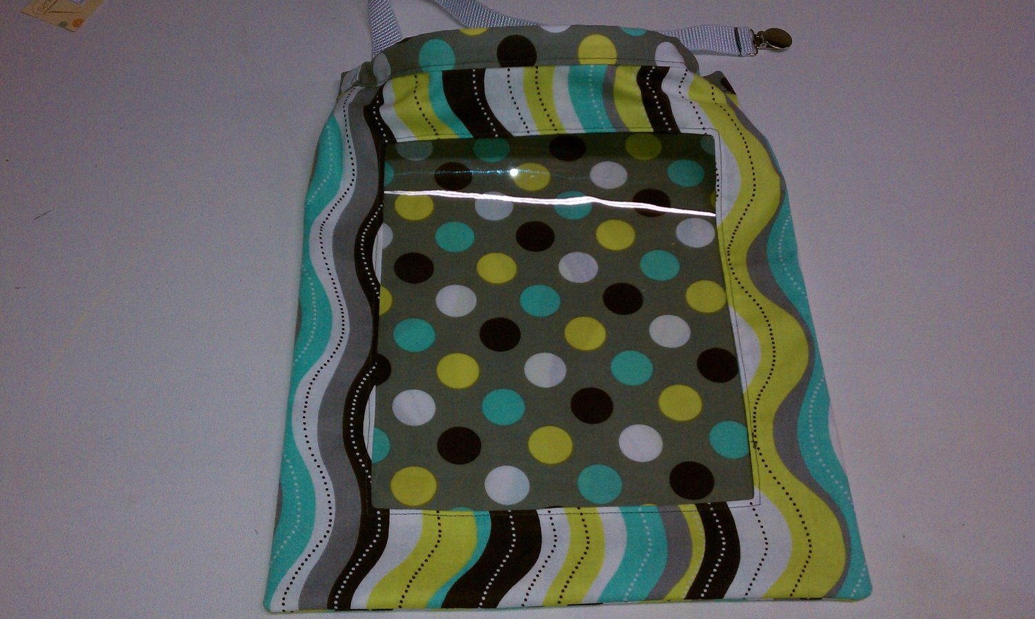 Gray with Lime Green, Cream, and Blue Dots and Wavy Stripes - Easy Find REVERSIBLE Car Storage Bag
