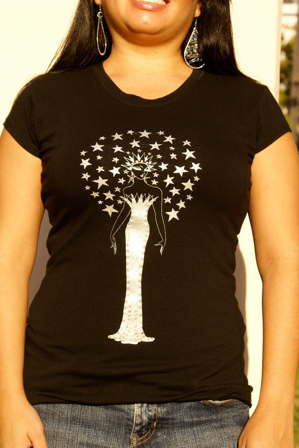Womens Shirt Black Top  "Crystal/ Rhinestone Star Goddess"  Woman Size Small, Medium, Large, XL, 2XL, 3XL