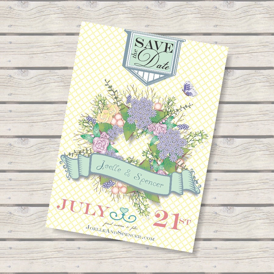 Shabby Chic Save the Date Floral Wreath 5x7 Announcement, Linen