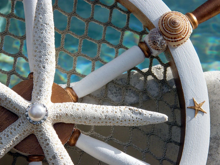 Gold Leaf, Wooden Ships Wheel with Starfish, Seashells, Nettings, Pearl and Crystals. For Holidays or Year Round Home Decor.