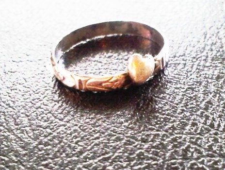 Tiny Stackable Sterling Ring with Small Silver Heart on Petite Patterned Band. True Love Waits.