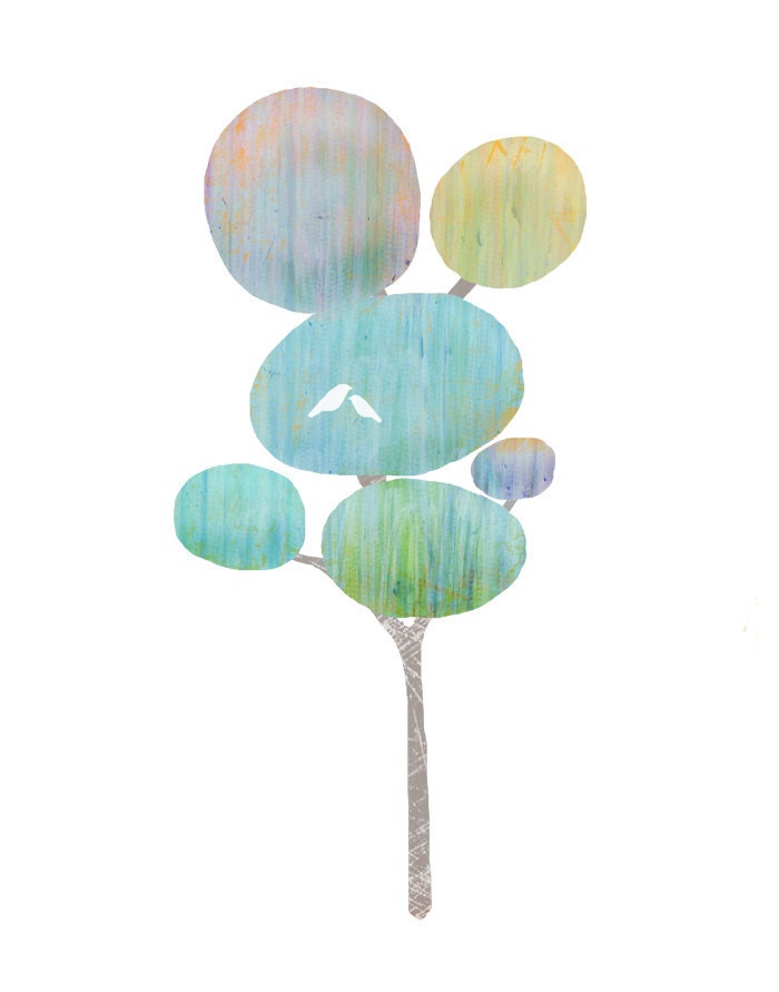 one tree with two birds - blue, green, pastels on white- 8.5 x 11 contemporary art print - lulubeaucoup