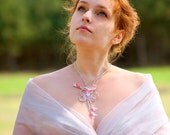 Wedding fine art necklace with silk bird and pink pearls. Romantic linen necklace for subtle woman.