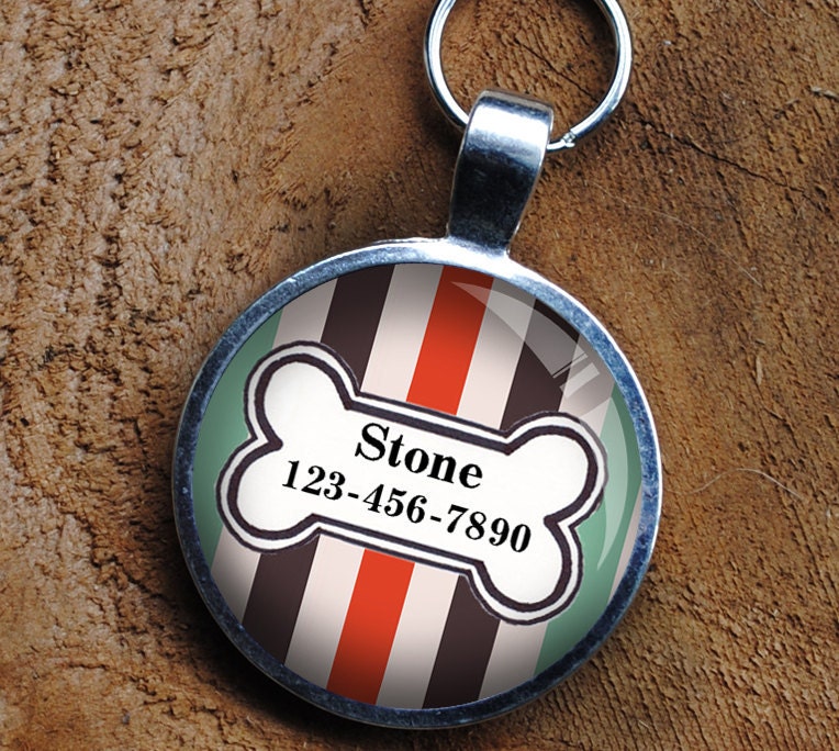 Pet iD Tag light blue orange and brown striped colorful round Dog Tag by California Mutts