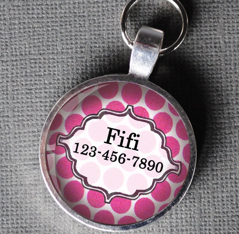 Pet iD Tag pink polka dotted colorful round Dog Tag 35mm round -  by California Mutts