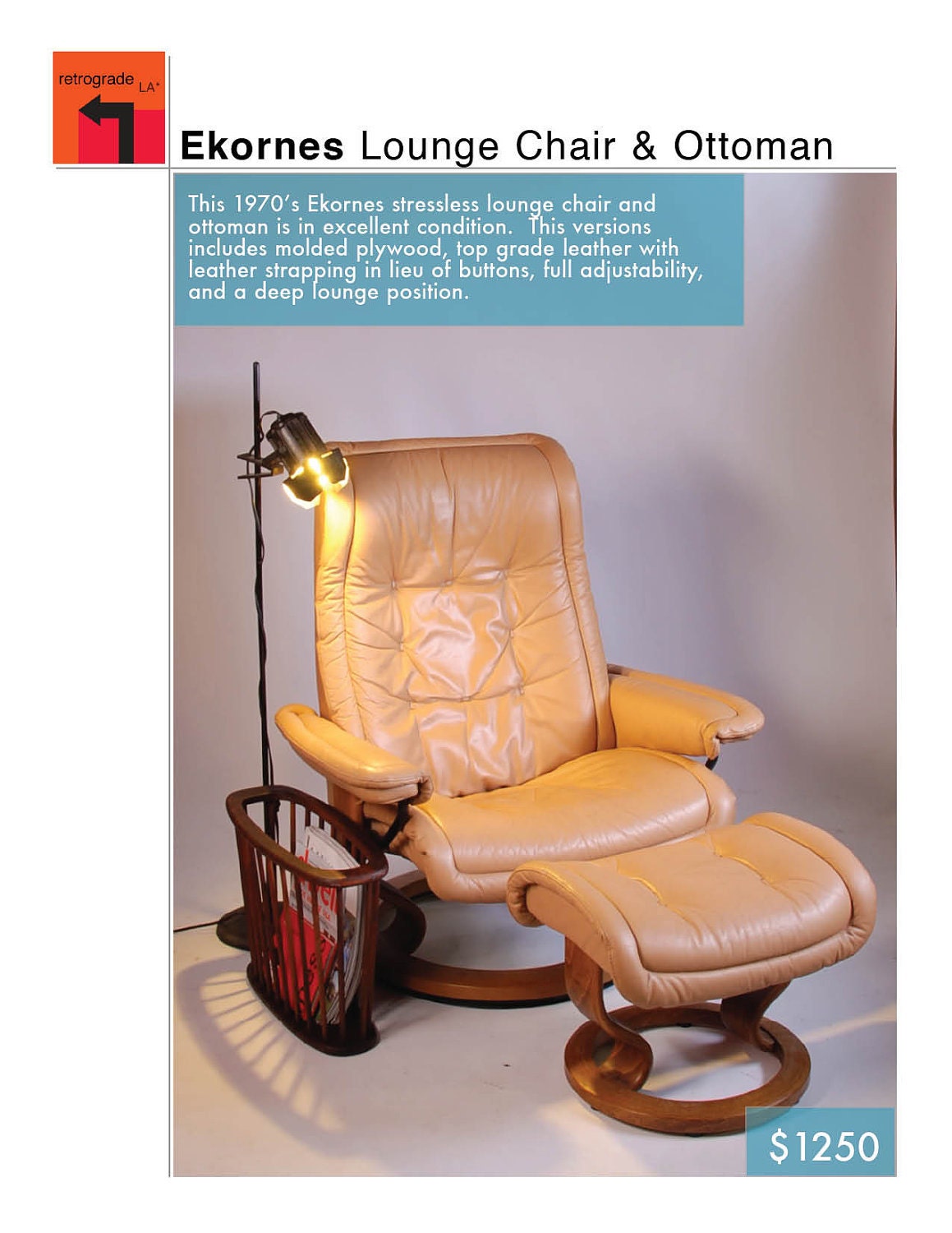 Ekornes Streeless Lounge Chair Recliner with ottoman 1970's in Tan Leather