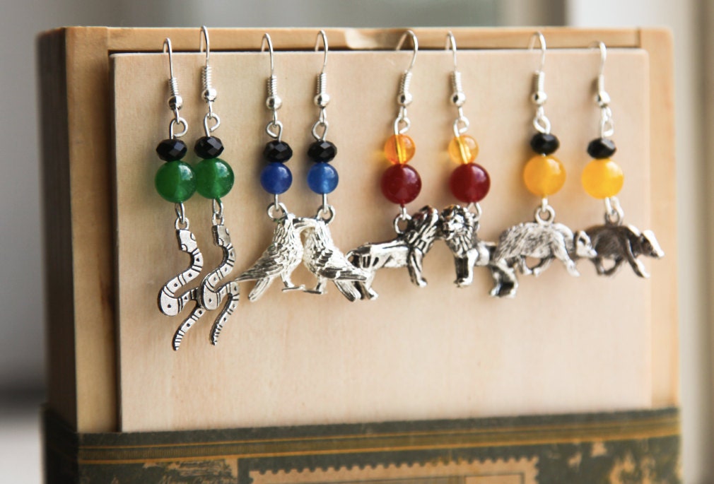 Wizard Earrings- Inspired House Charms- Lion, Raven or Crow, Snake, Badger- Silver Jewelry