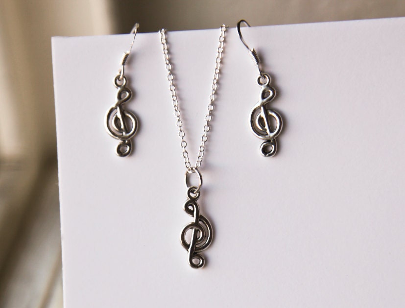 Music Note Gift Set- Necklace and Earring Set- 925 Sterling Silver Chain- Charm Jewelry