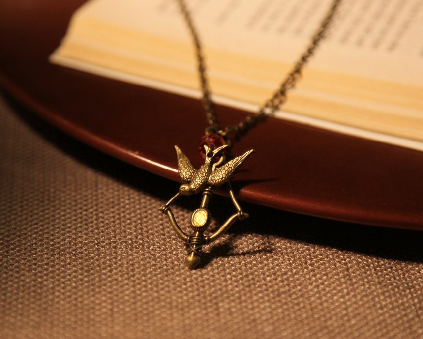 The Hunger Games Inspired Mocking Jay & Bow and Arrow Necklace with Red Fire Crystal- FREE WORLDWIDE SHIPPING