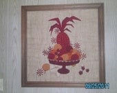 Vintage Large Abstract NEEDLEPOINT FRUIT On Burlap With Wooden Picture FRAME - Cottage - Garden Style