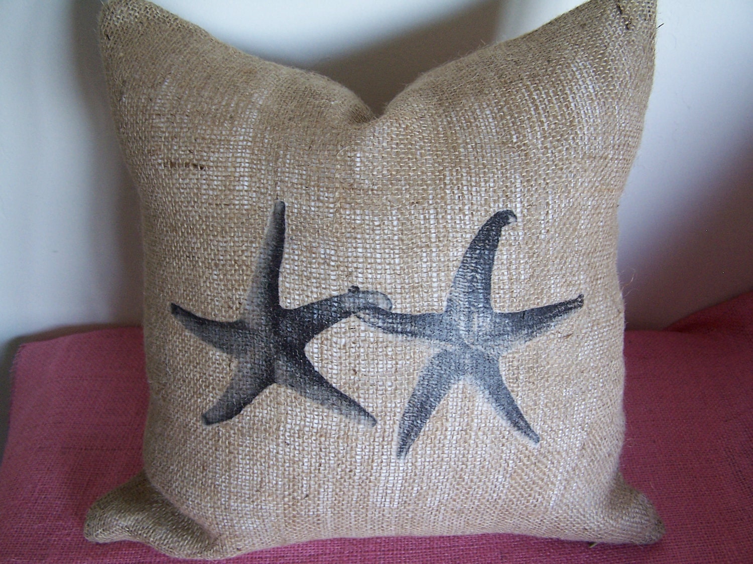 Romantic Seastars Starfish Holding "Hands" Beach House Cottage Style Rustic  Burlap Pillow Cover  16 x 16 or 12 x 20  inches
