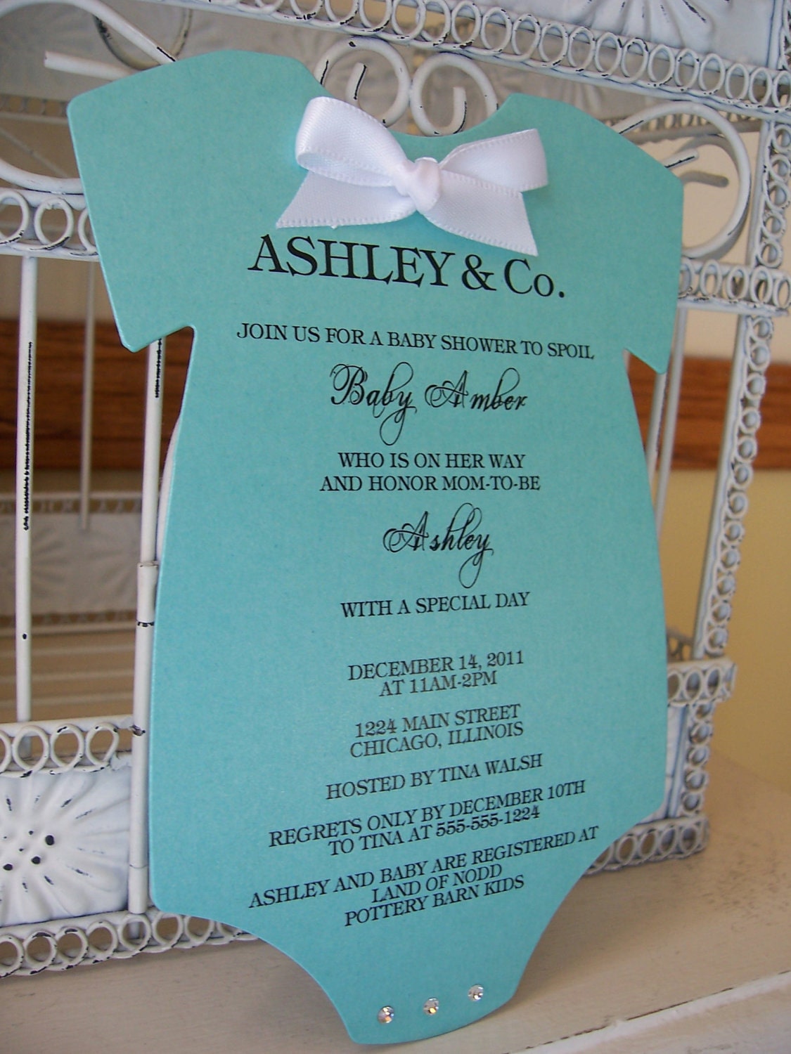 The Original Tiffany Inspired Baby Shower Invitation - Custom Die Cut Onesie