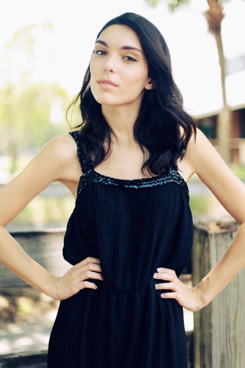 Vintage 1970s Black Sequin Trim Pleated Summer Dress