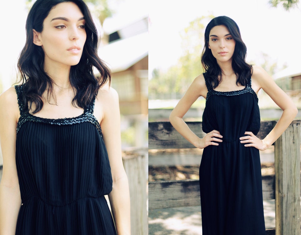 Vintage 1970s Black Sequin Trim Pleated Summer Dress