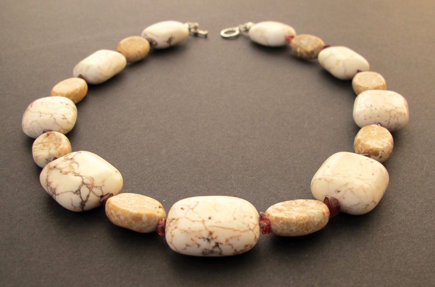 White Organic Necklace - Big Stone necklace - Beaded Necklace with Garnet Chips and White Stones - Statement Necklace - OOAK