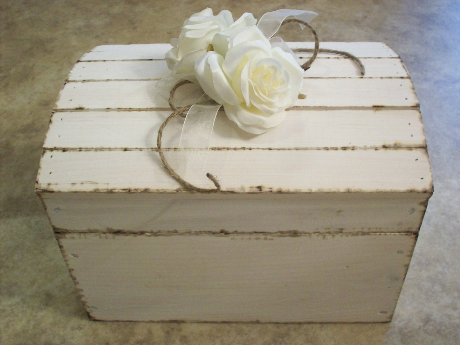 Rustic Romantic Wooden Treasure Chest Box with burned edges for a country look with  Creamy Roses for Reception or Ceremony