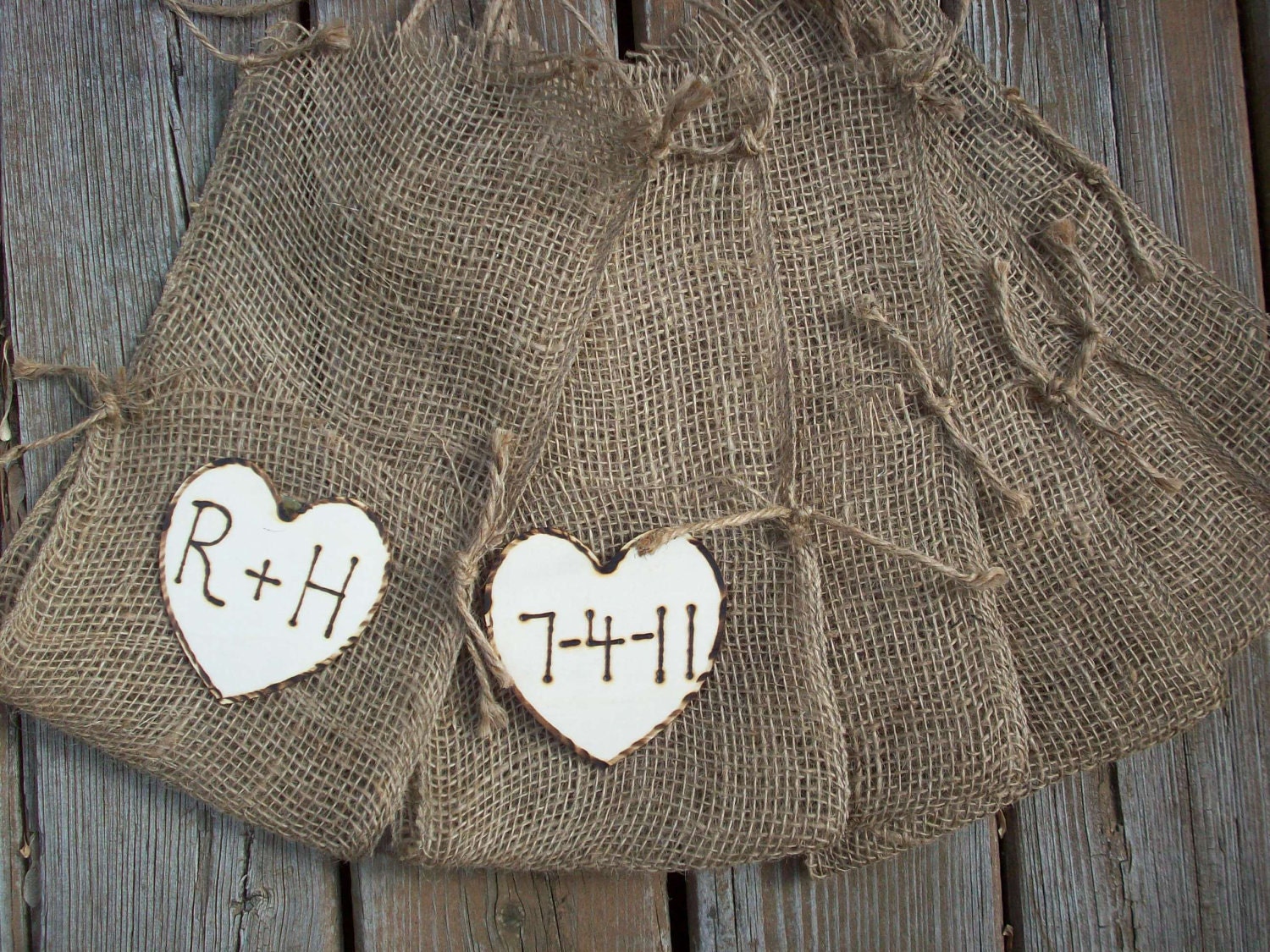 Rustic Burlap Pew or Chair Sacks ready for your Ceremony or Reception Country Burlap with Engraved Hearts...Set of 6