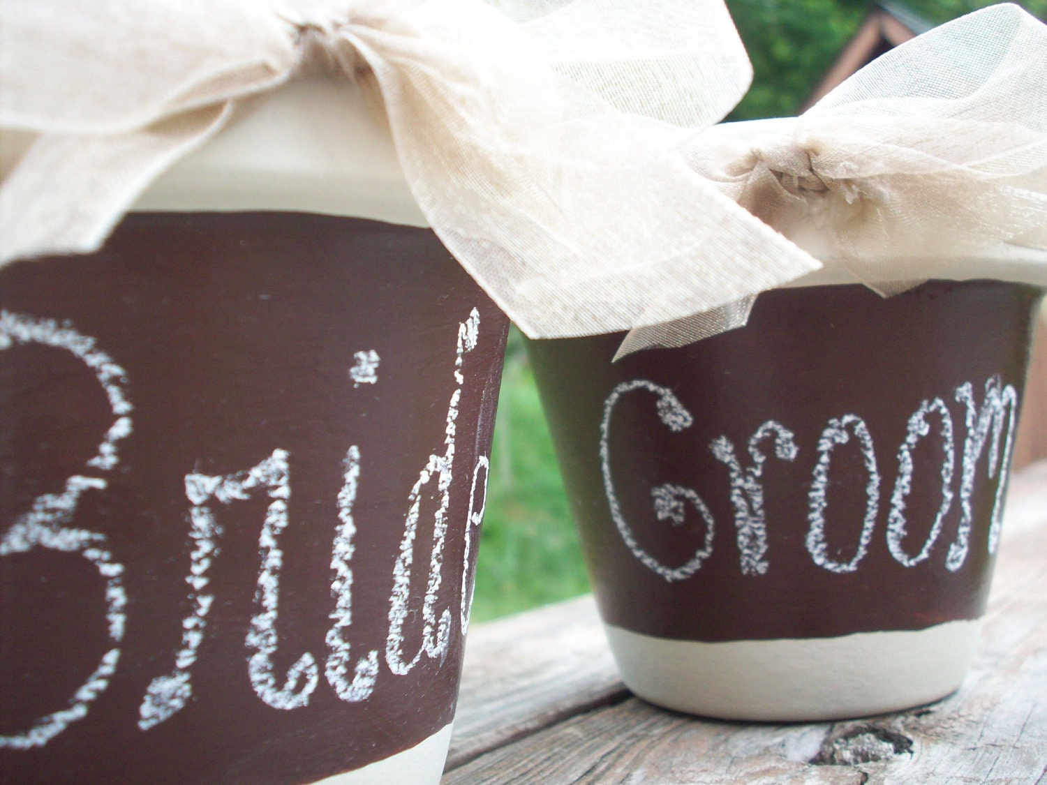 Reception Chalk Board painted Clay Pots with "Bride/Groom"...SET OF 2