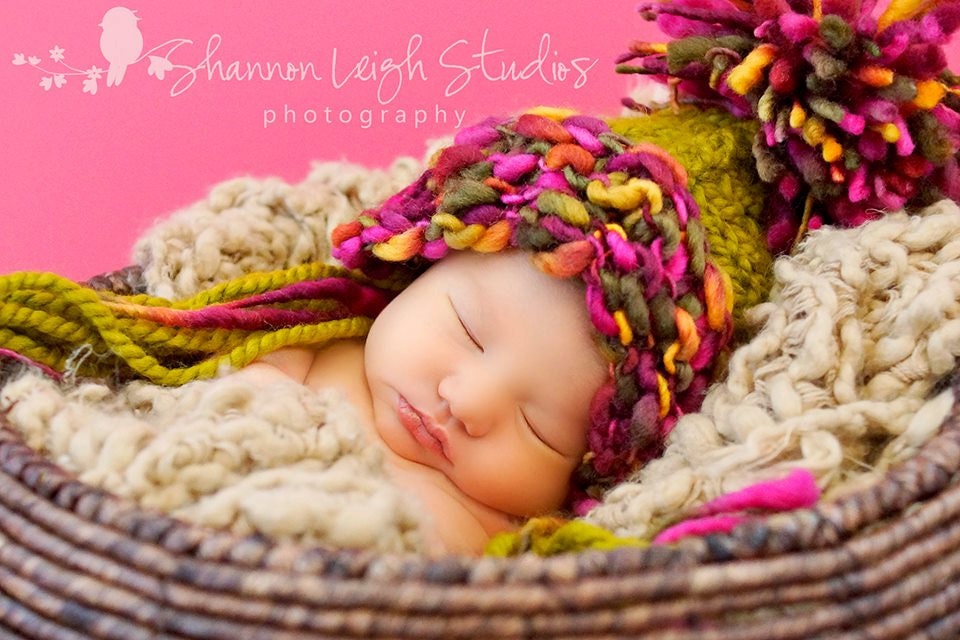 Newborn Baby Hat Flop Top Pixie in Lemon Grass Green with Fuchsia Thick and Thin Border