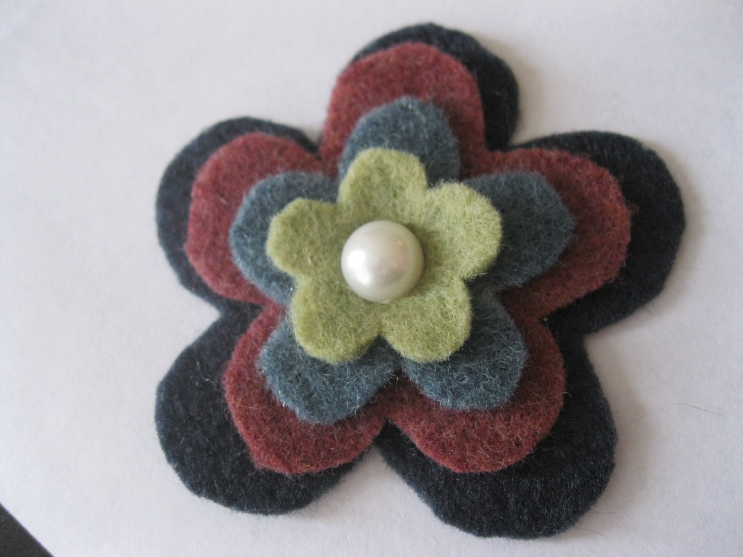 Felt Flower Hair Clip in Navy Blue, Maroon, Dusty Teal, Seafoam Green with Pearl Center