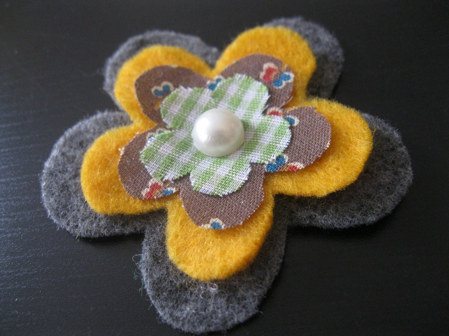 Felt and Fabric Flower Hair Clip in Grey, Mustard Yellow, Brown, and Green with Pearl Center