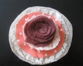 Felt and Fabric Round Hair Clip in Cream and Coral, with Dusty Maroon Center Rose and Lace Accents