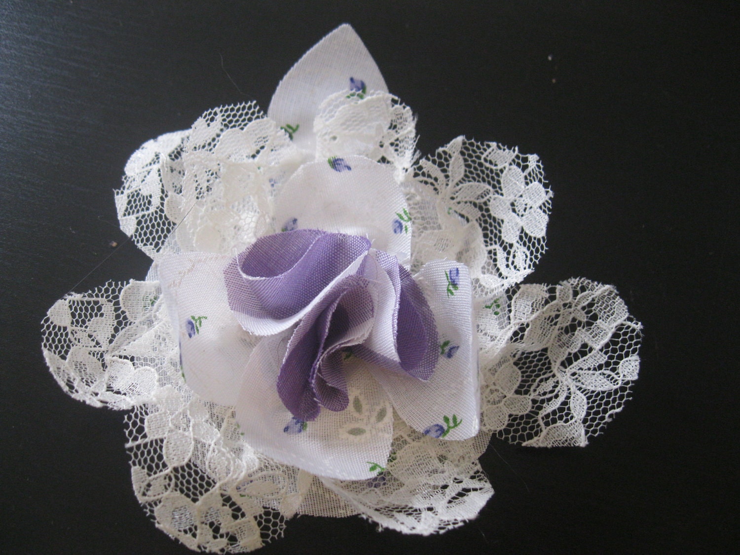 White Fabric and Lace Flower Hair Clip with Lavender Fabric Accents