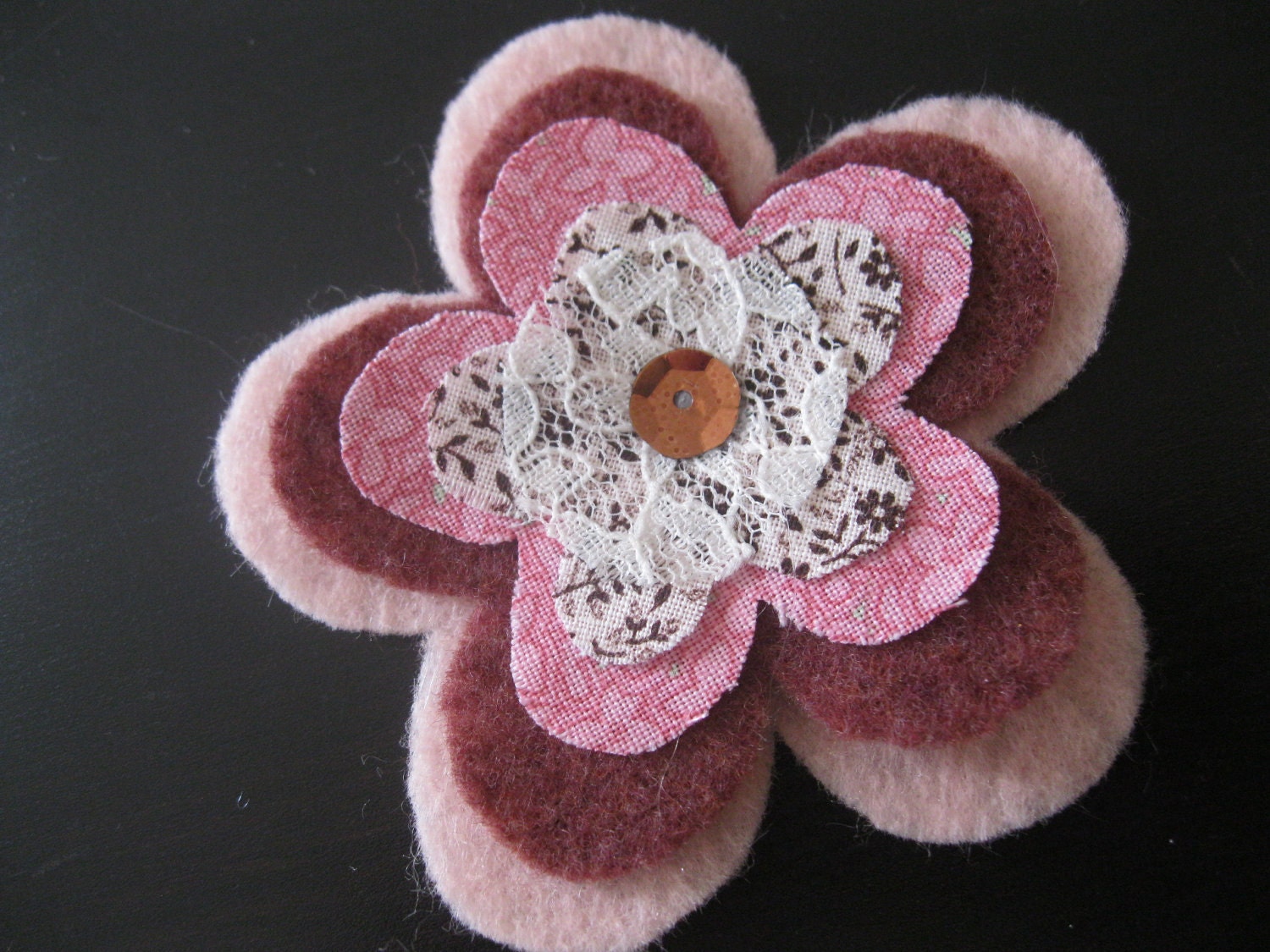 Felt Flower Hair Clip in Light Pink, Dusty Maroon, and Lace with Copper Sequin Center