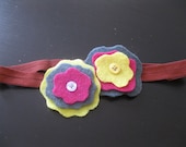 Headband with Two Felt Flower Hair Clips in Neon Yellow, Fuchsia, and Dusty Teal with Buttons