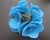 Felt and Fabric Flower Hair Clip in Bright Teal/Turquoise and Peacock Feather Print