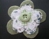 Felt and Fabric Flower Hair Clip in Light Green/Sage with Multi Color on White Florals/Gingham/Checks and Lace with Button