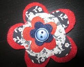 Felt and Fabric Flower Hair Clip in Red and Navy Blue with Lace and Button