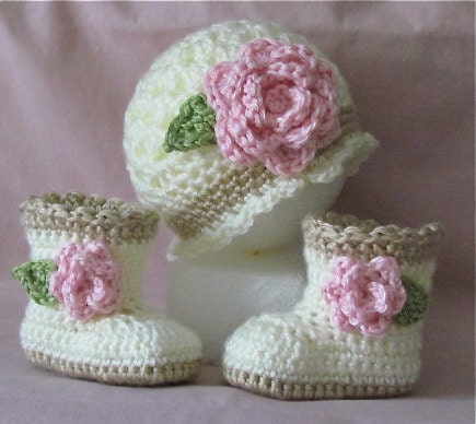 Crochet Baby Booties and Hat for Baby Girl  - Sugar and Spice Booties with Matching Beanie