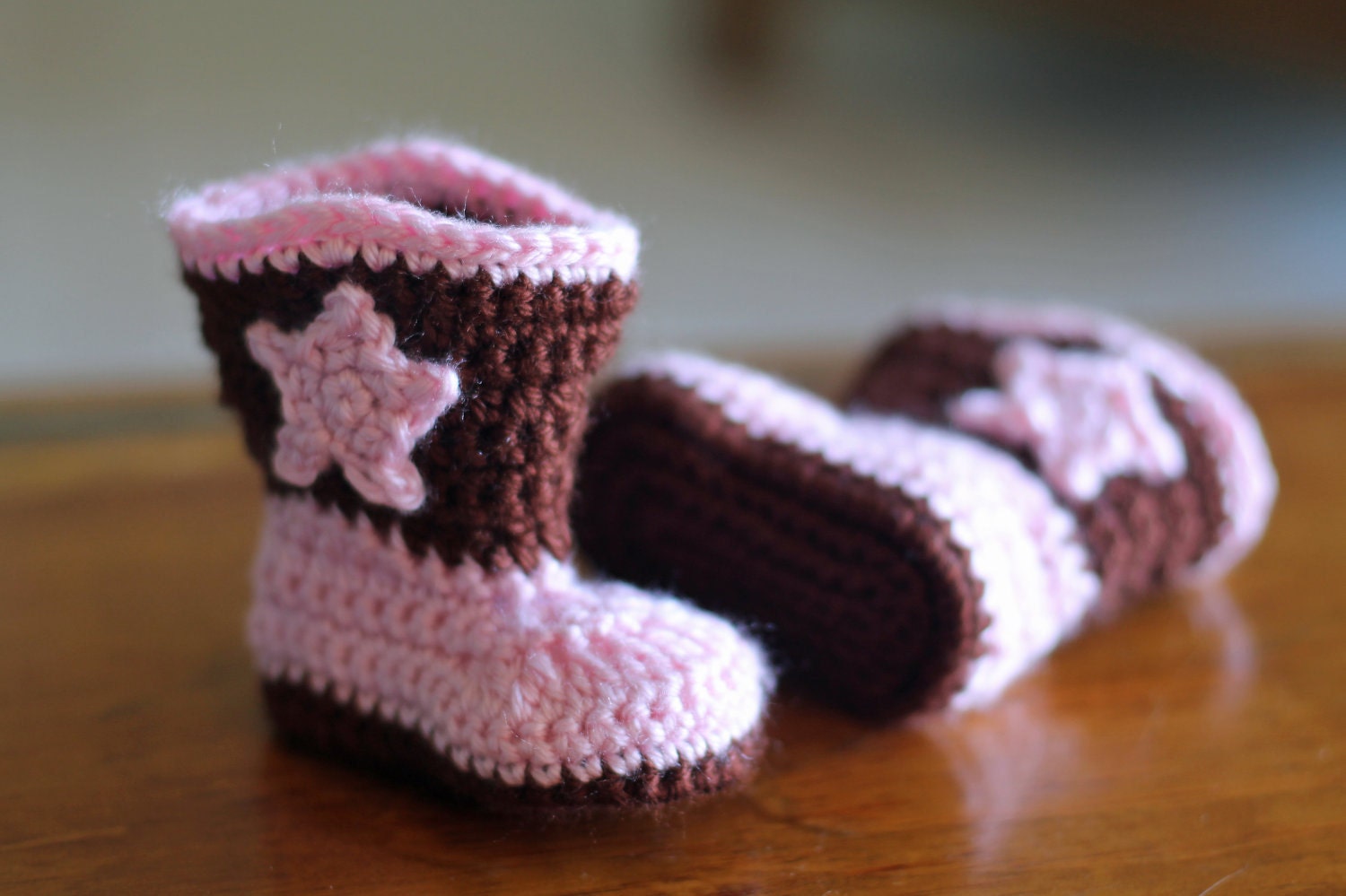 Crochet Baby Booties - Pink and Brown Boot Scoot'n Boots - Baby Cowboy Boots