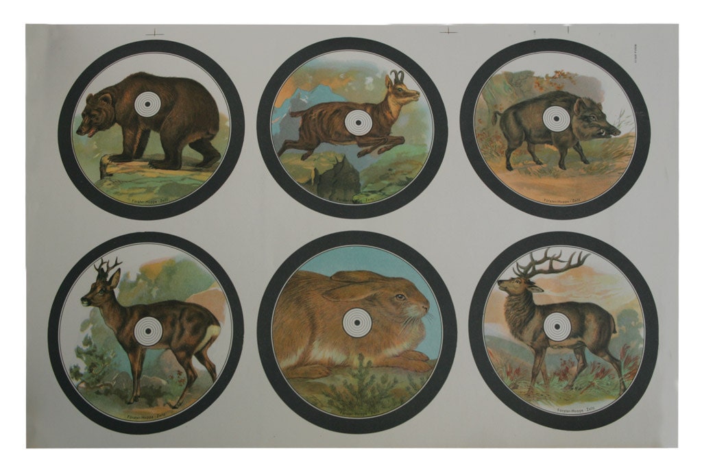 Lithographic Shooting Targets: Rabbit, Bear, Elk,  Deer