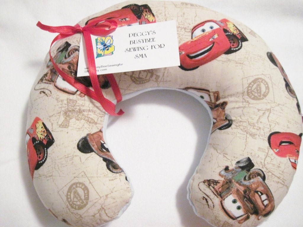 Travel Pillow - Head Neck Support - Child Size - Disney Cars  w/ Brown Minky Fleece Back - CARS2 - Beige Tan Brown Red