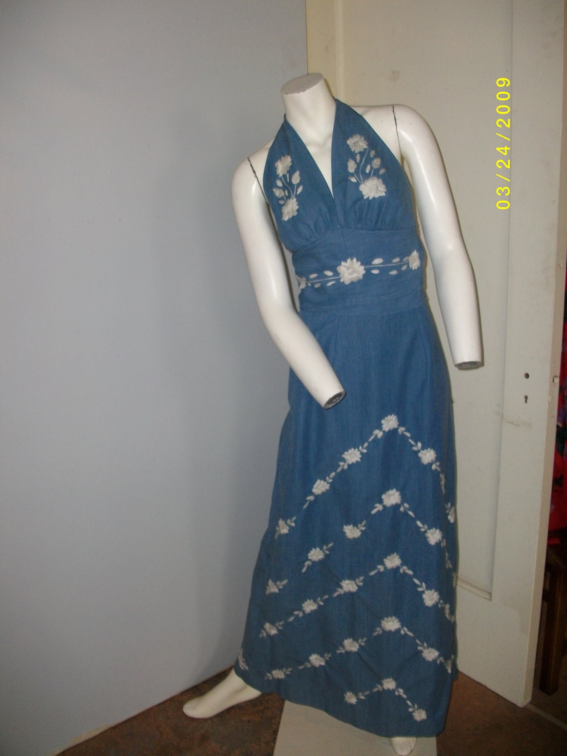 Darling Denim Embroidered Boho 70's Halter Top and Skirt