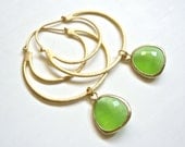 Green Hoop Earrings - Framed Gemstones on Matte Gold Circles
