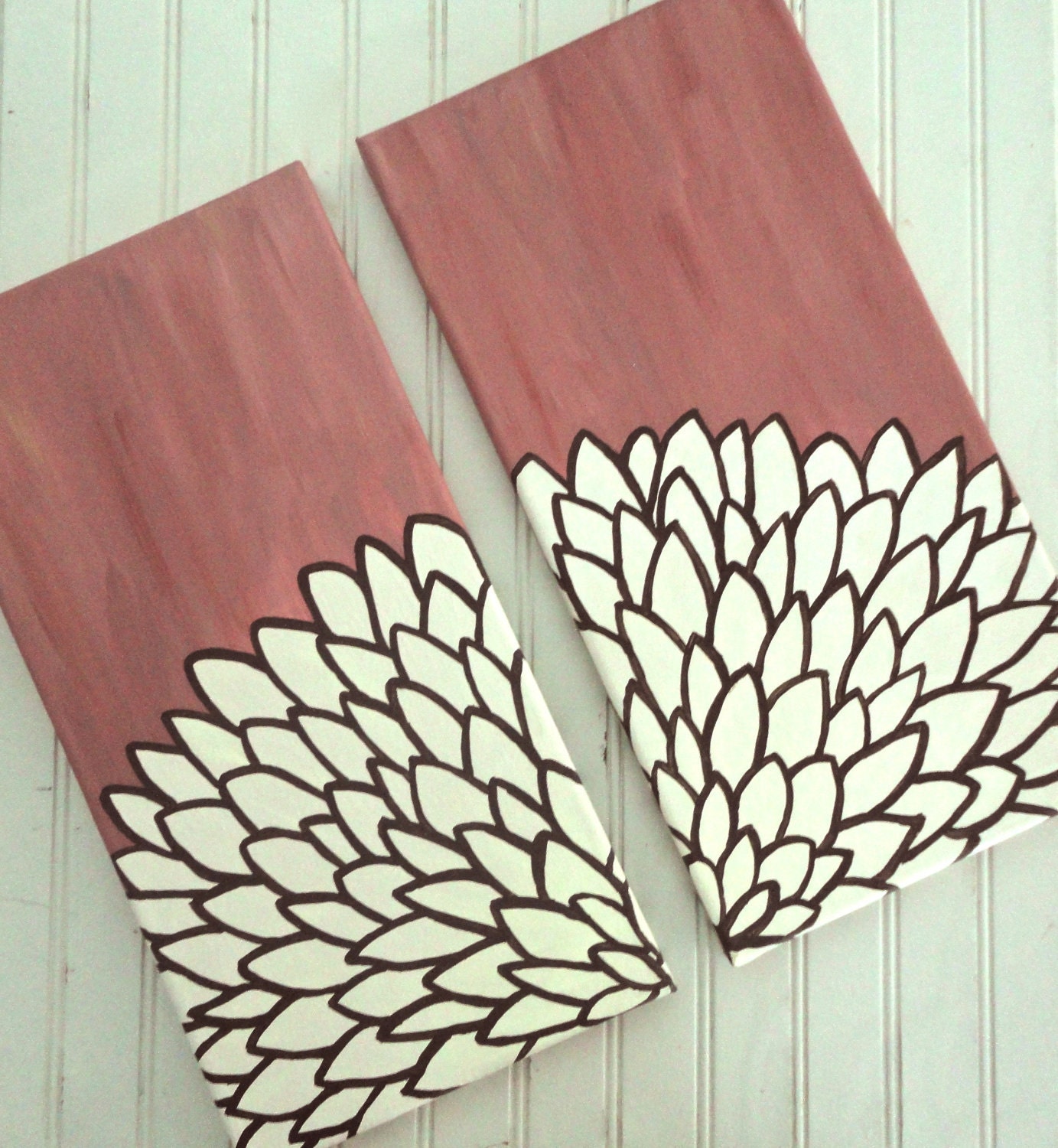 Mauve Flower Painting - Set of Two Canvases in Shades of Brown, Pink, Rose, and Ivory