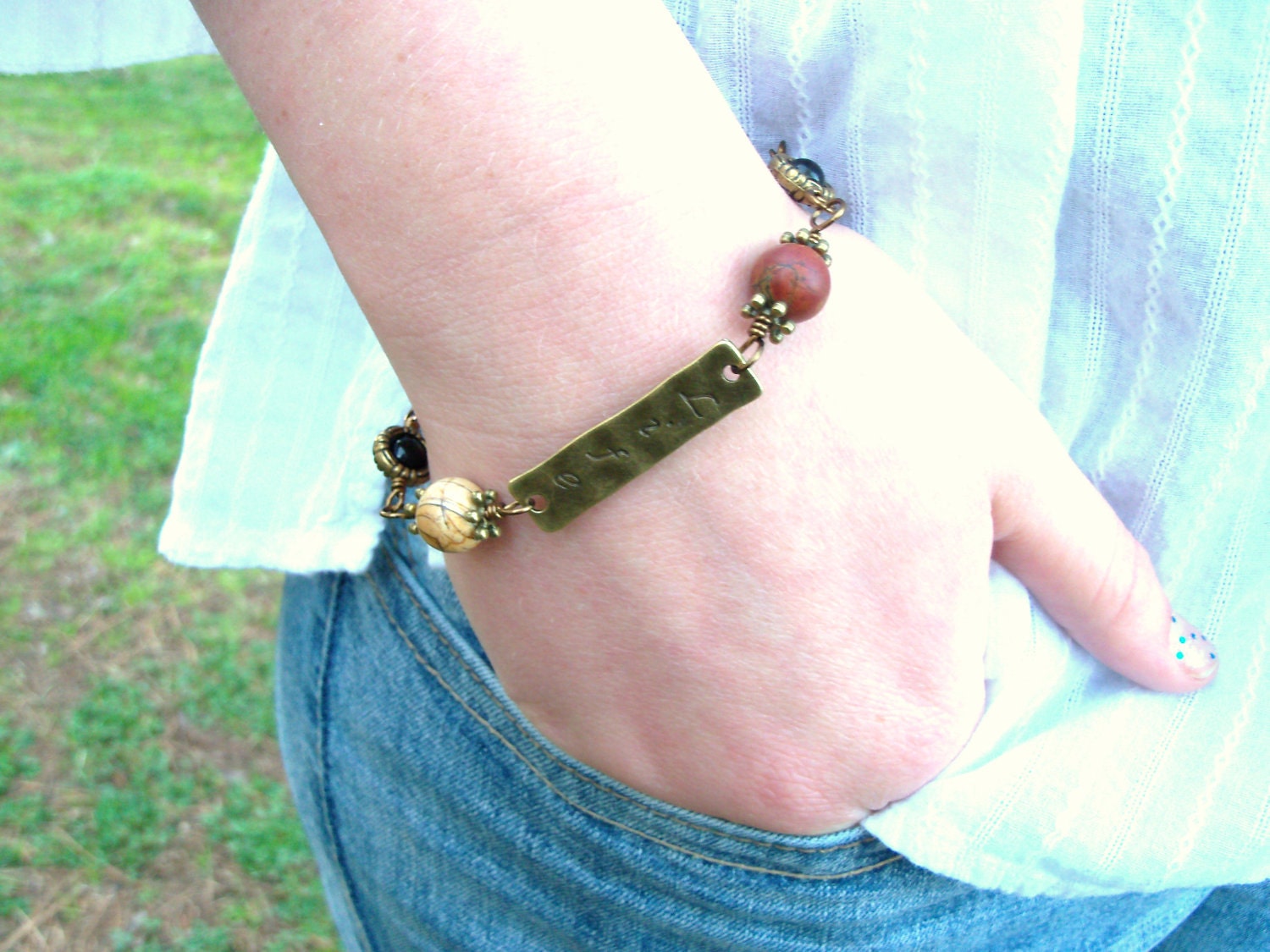 Handmade Bracelet With "LIFE"  Etched Pendant and Earthy Picasso Jasper