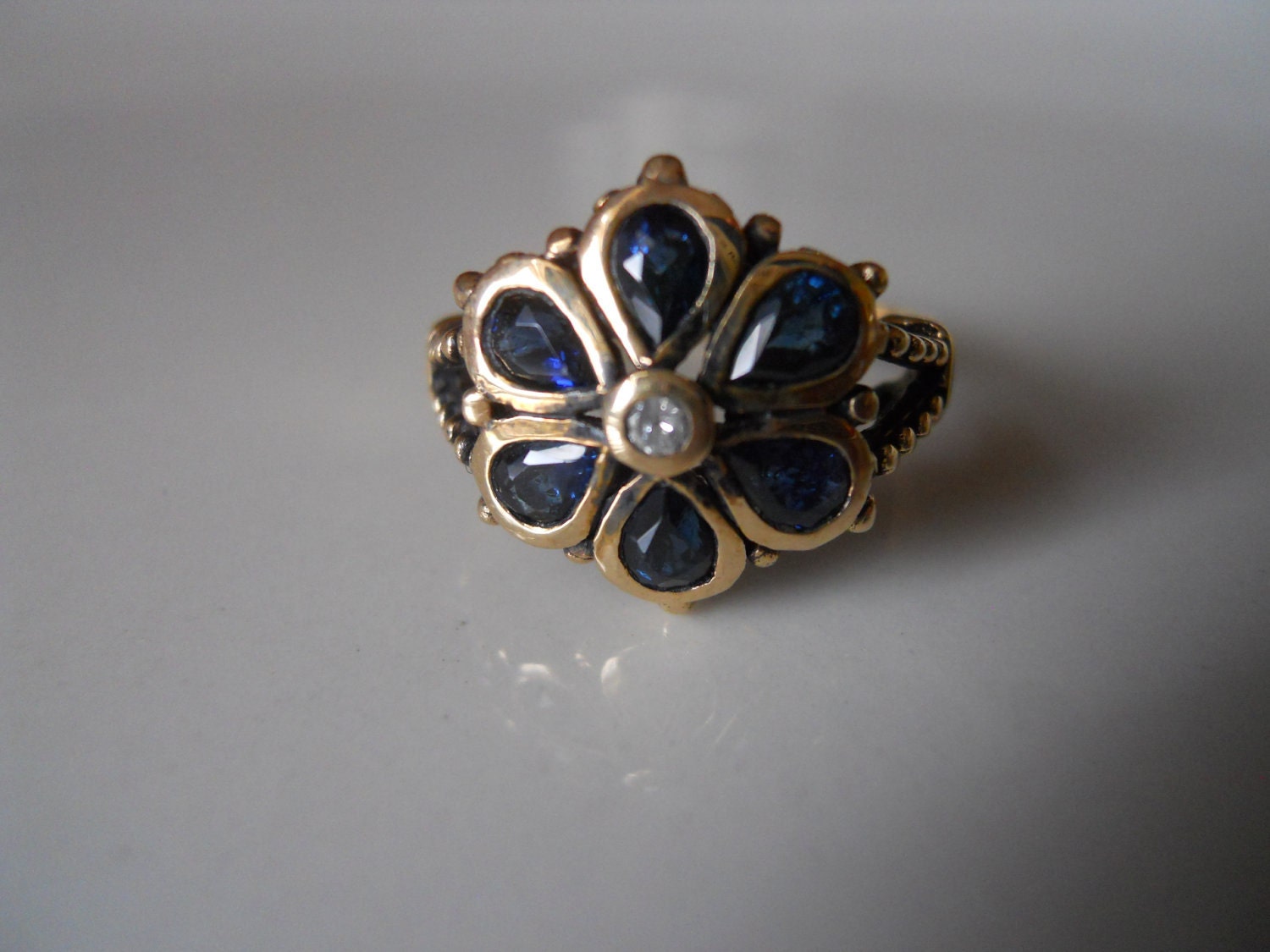 Reserved for Paul Antique Gold Blue Sapphire and Diamond Flower Ring