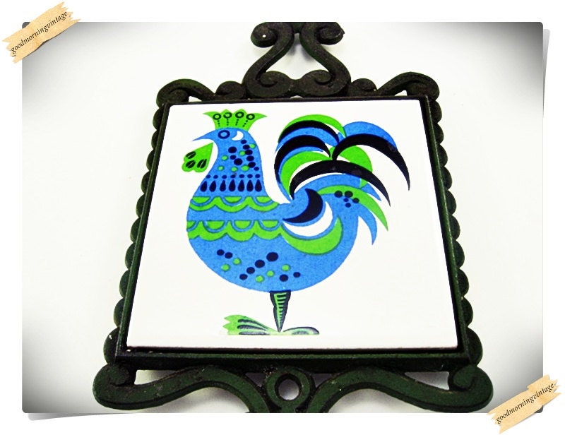Rooster Cast Iron and Tile Trivet by GoodMorningVintage on Etsy
