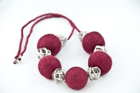 Burgundy Felted Beaded Long Necklace /  Burgundy Autumn Fashion Jewelry