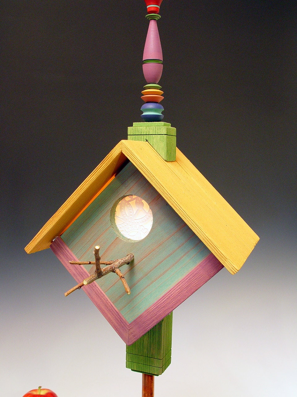 Birdhouse lamp. Night light. Rustic. Folk art. Green, yellow, purple and teal. Natural log base. Paper lace windows. 134
