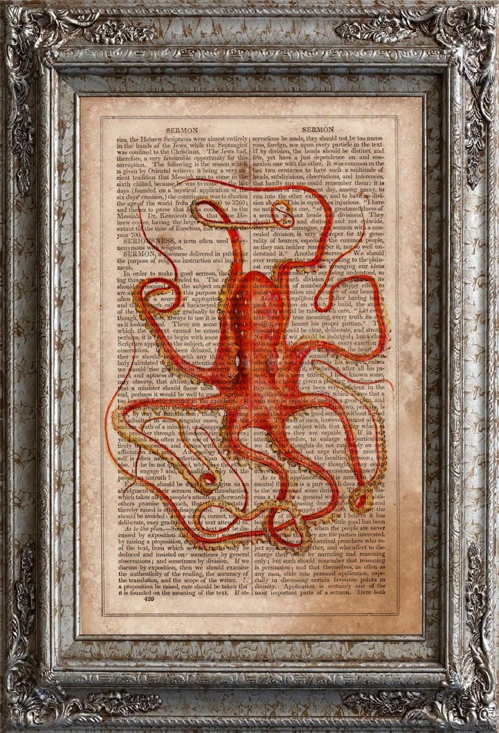 Octopus 3 on Vintage Dictionary Book Page Book Art Print Recycled
